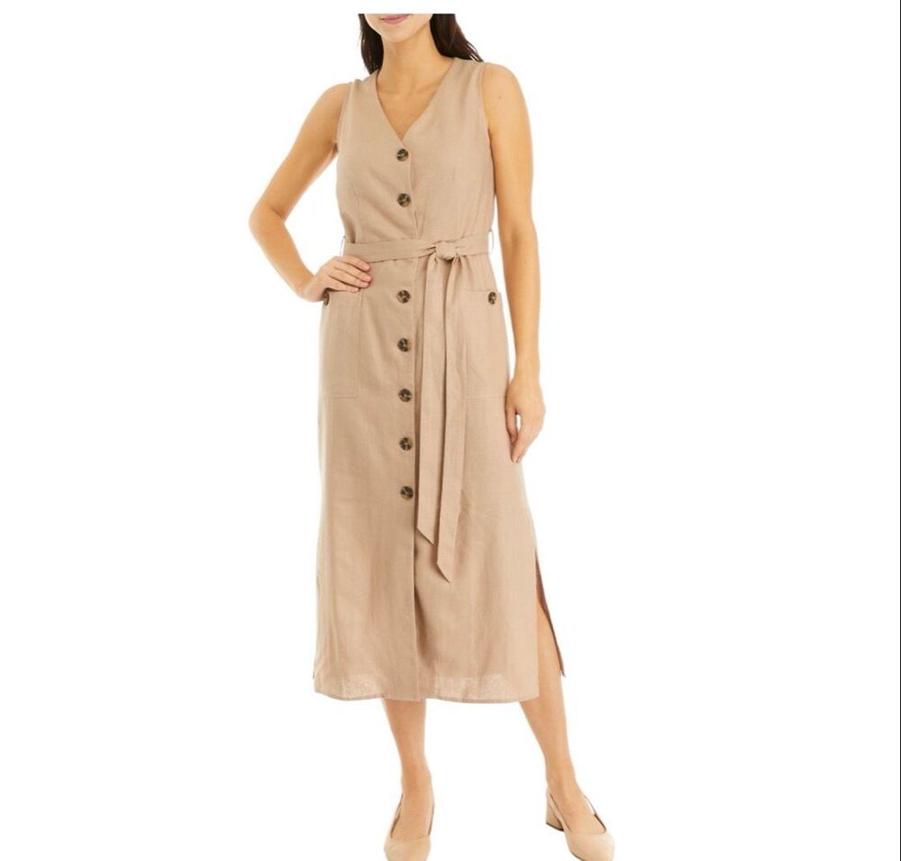The Limited Sleeveless Linen Blend Button Front Midi Dress Belt Pockets size XL